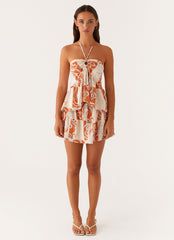 Athena Drawstring Mini Skirt - Orange Blue Floral