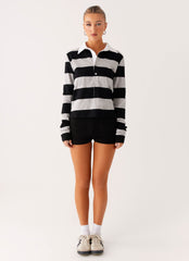 Beckett Polo Top - Grey Black Stripe