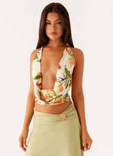 Everette Satin Scarf Top - Floral Print