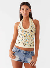 Eye Contact Sequin Halter Top - Yellow