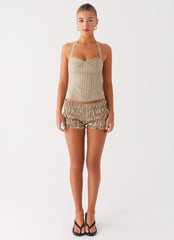 Girls Like Us Ruched Mini Shorts - Oatmeal Stripe