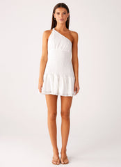 Hestia Drop Waist Shirring Mini Dress - White