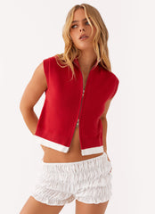 Janey Double Zip Turtle Neck Top - Red