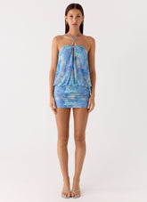 Jisoo Halter Mini Dress - Aqua Paisley