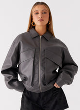 Lula Faux Leather Bomber Jacket - Charcoal