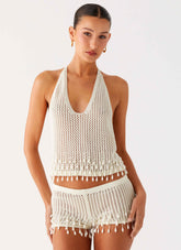 Pearl Shore Beaded Crochet Top - Ivory