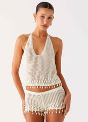 Pearl Shore Beaded Crochet Top - Ivory