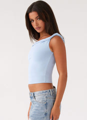 Solace Soul Twist Shoulder Top - Baby Blue