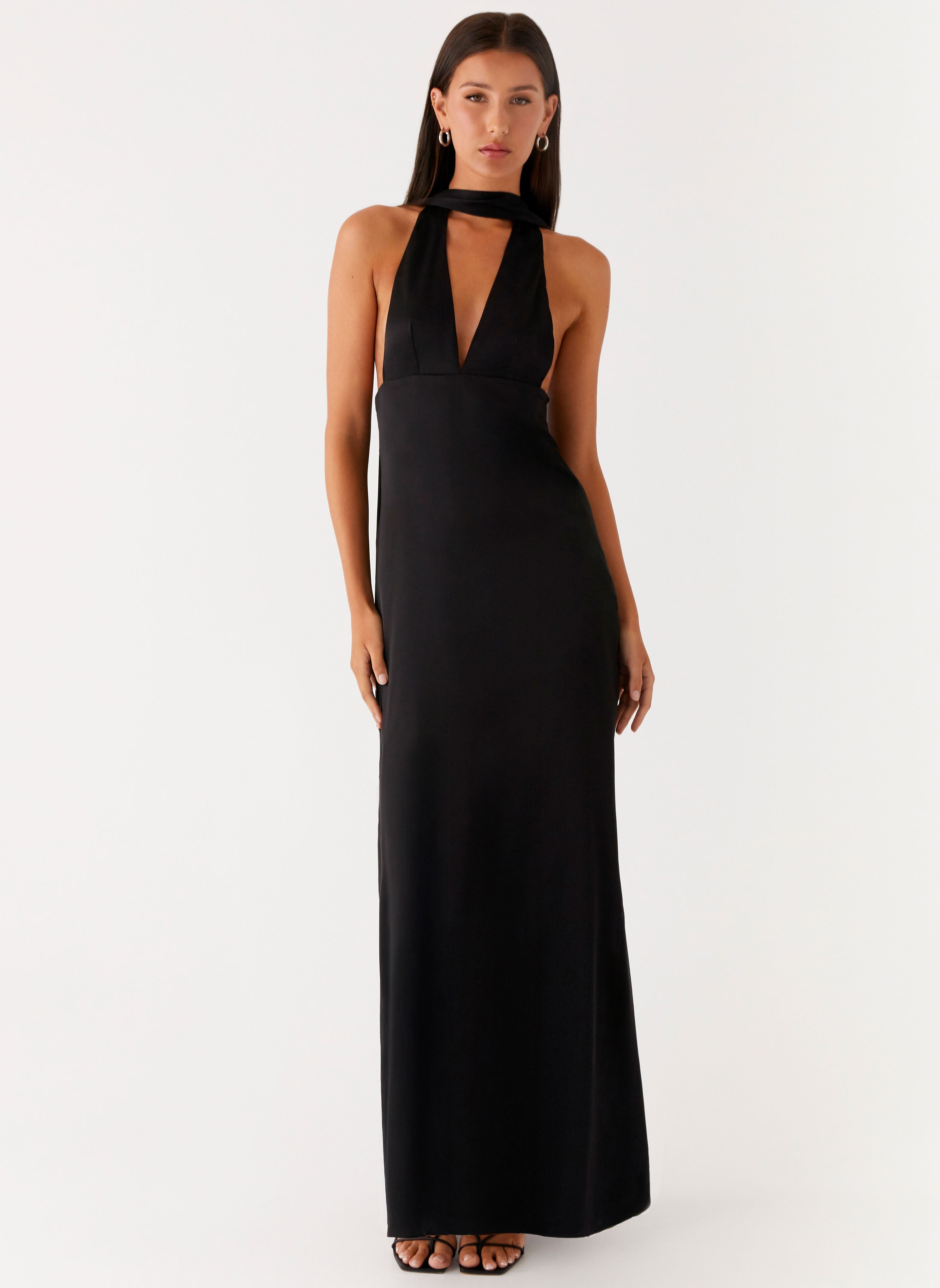 Alicia Satin Halter Maxi Dress - Black