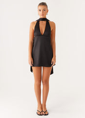 Alicia Satin Halter Mini Dress - Black