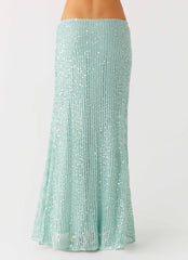 Amoura Sequin Low Rise Maxi Skirt - Mint Sage
