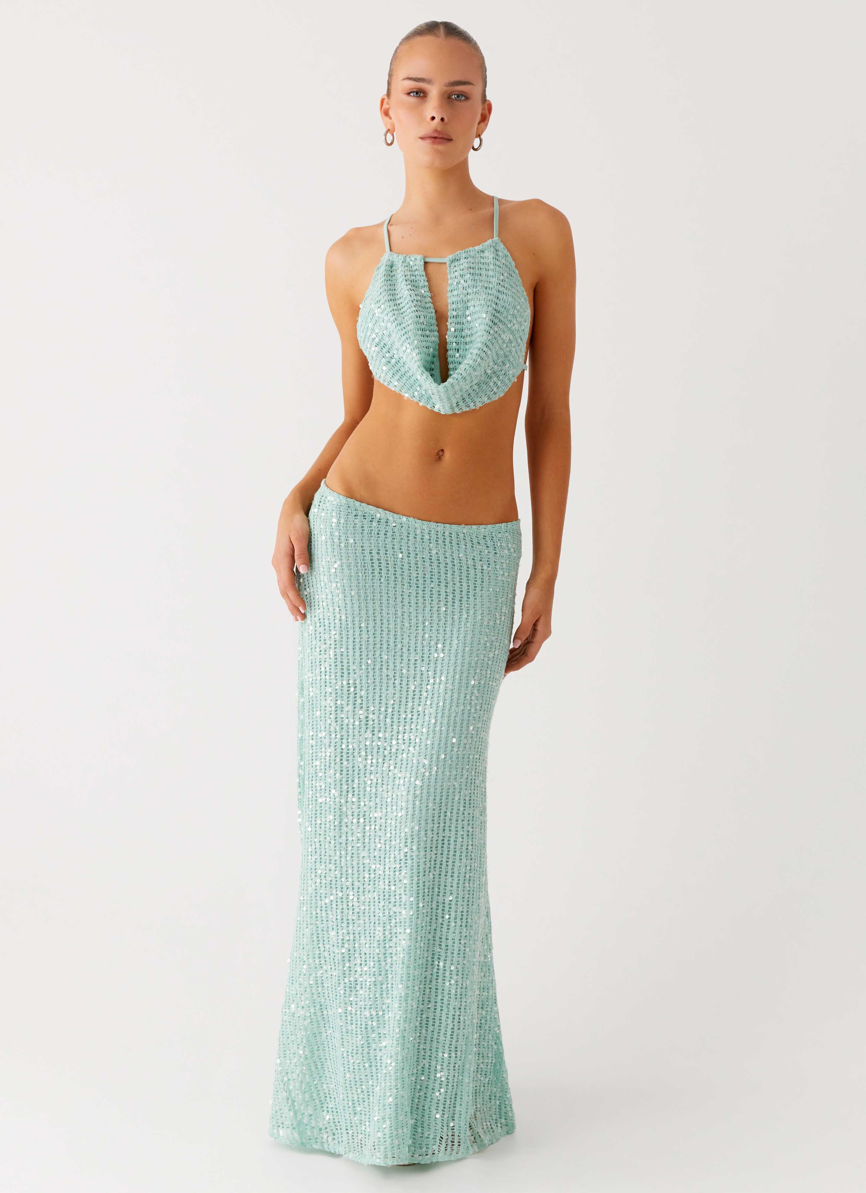 Amoura Sequin Low Rise Maxi Skirt - Mint Sage