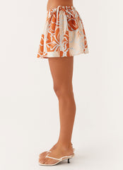 Athena Drawstring Mini Skirt - Orange Blue Floral