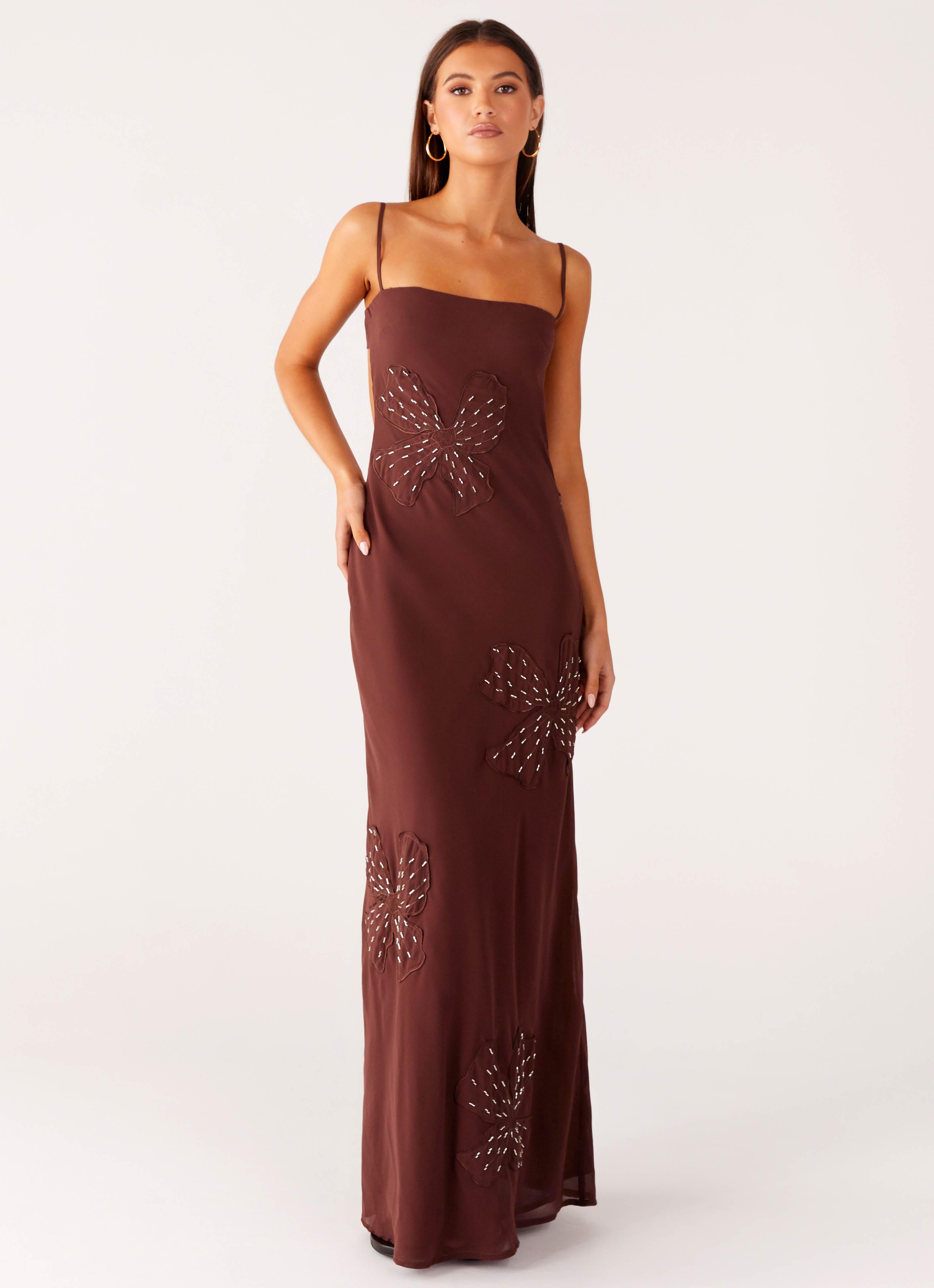Bayla Beaded Flower Maxi Dress - Chocolate