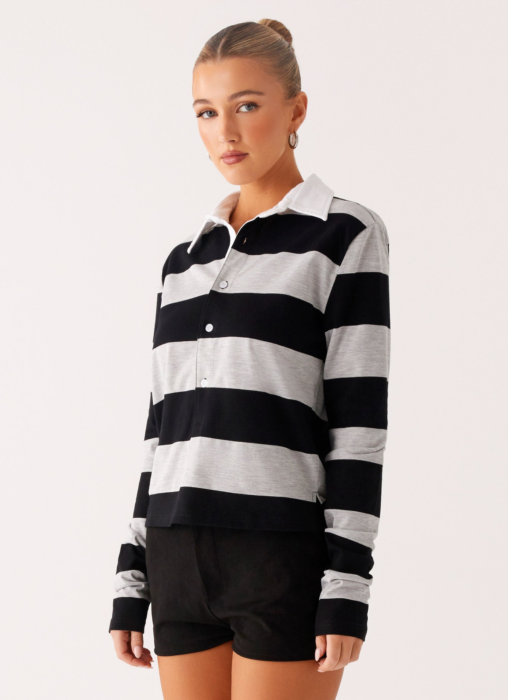 Beckett Polo Top - Grey Black Stripe