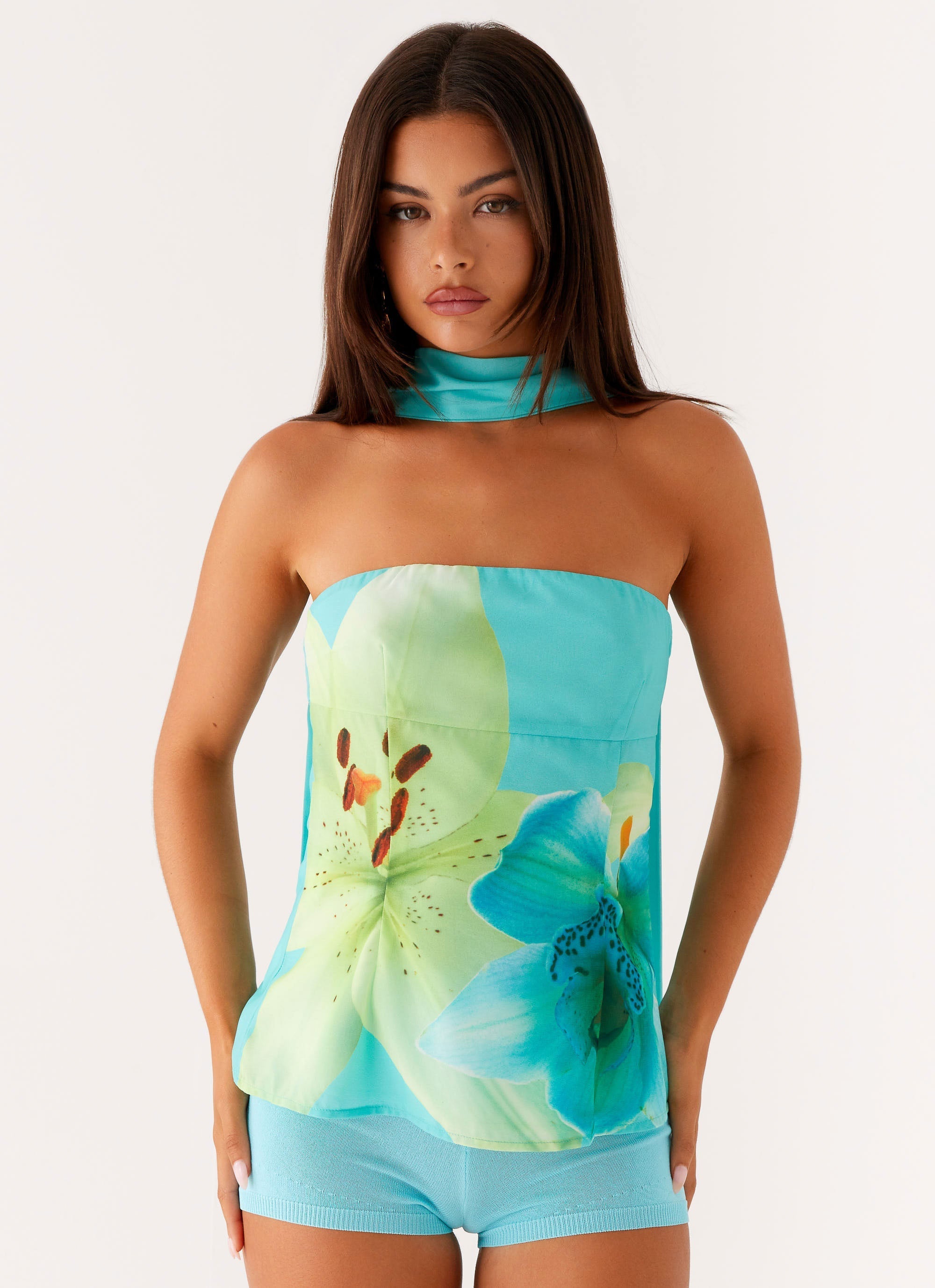 Blaise Scarf Top - Turquoise Floral