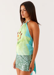Dalila Beaded Tie Back Top - Turquoise Floral