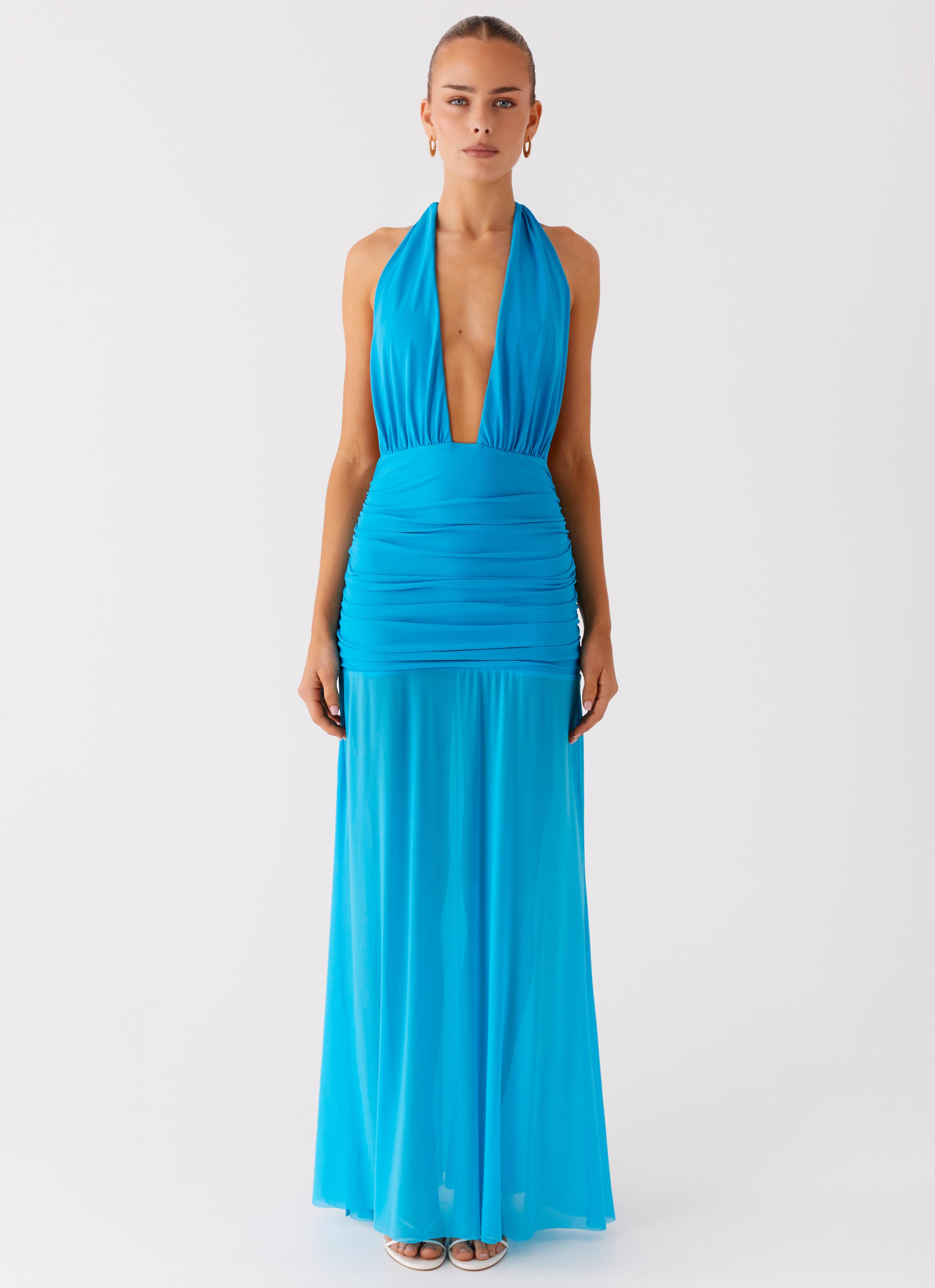 Dilemma Halter Maxi Dress - Turquoise Blue