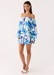 Eira Balloon Sleeve Mini Dress - Cerulean Bloom