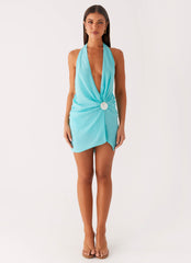 Eleanora Plunge Mini Dress - Turquoise