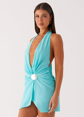 Eleanora Plunge Mini Dress - Turquoise