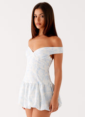 Endless Romance Off Shoulder Mini Dress - Blue Floral