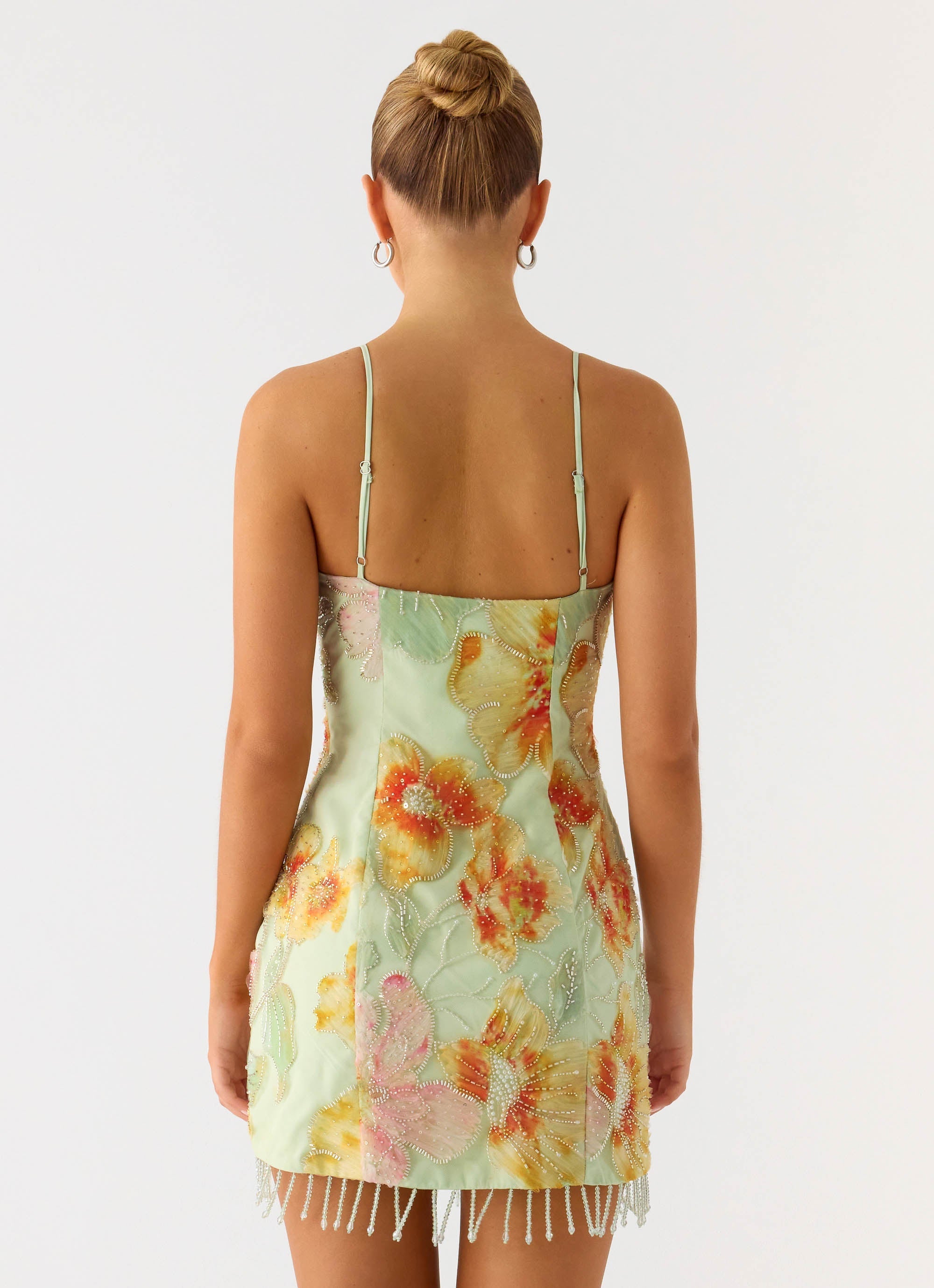 Gatiana Beaded Sequin Mini Dress - Green Floral Beaded