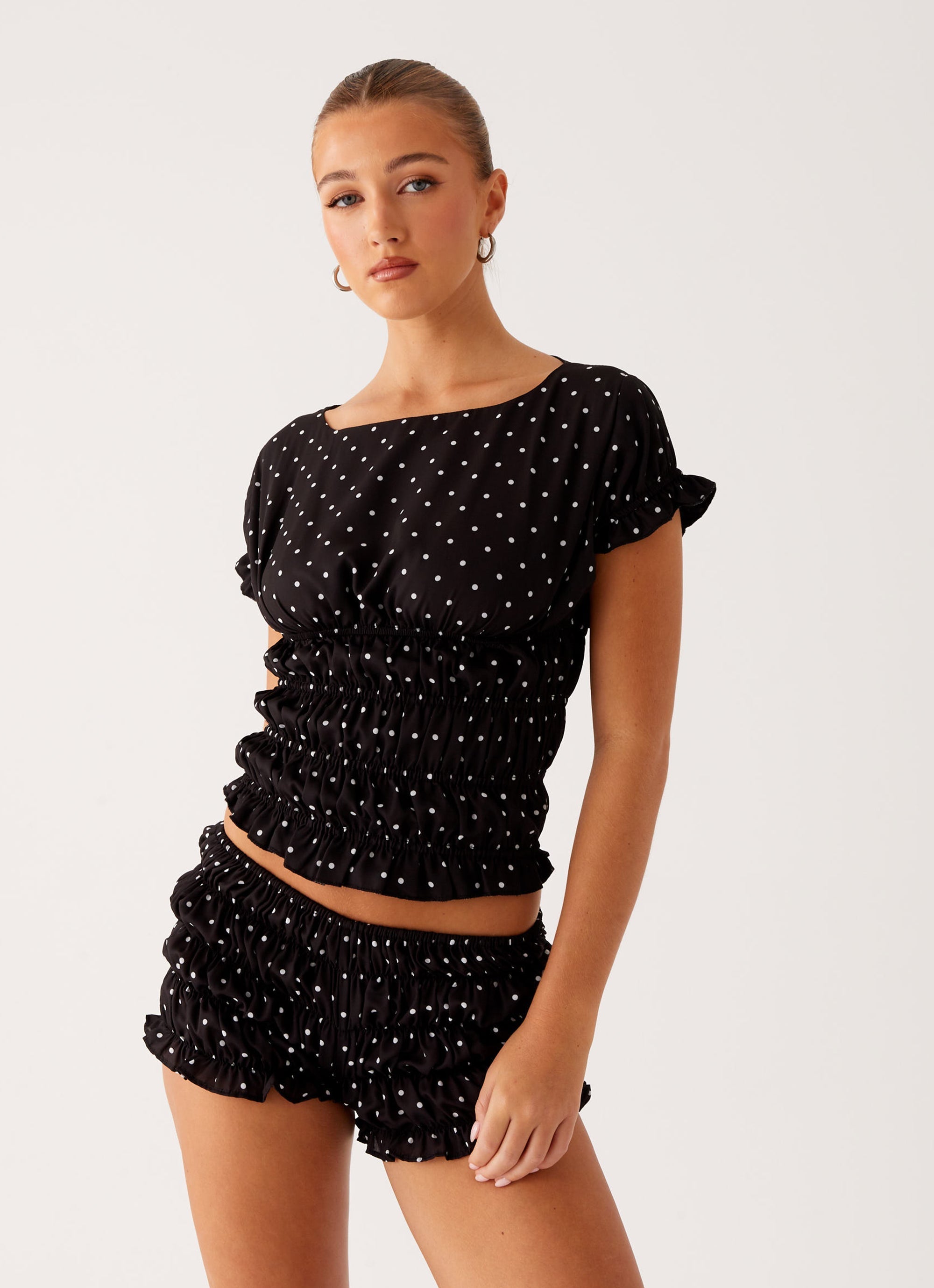 Girls Like Us Ruched Mini Shorts - Black Polka Dot