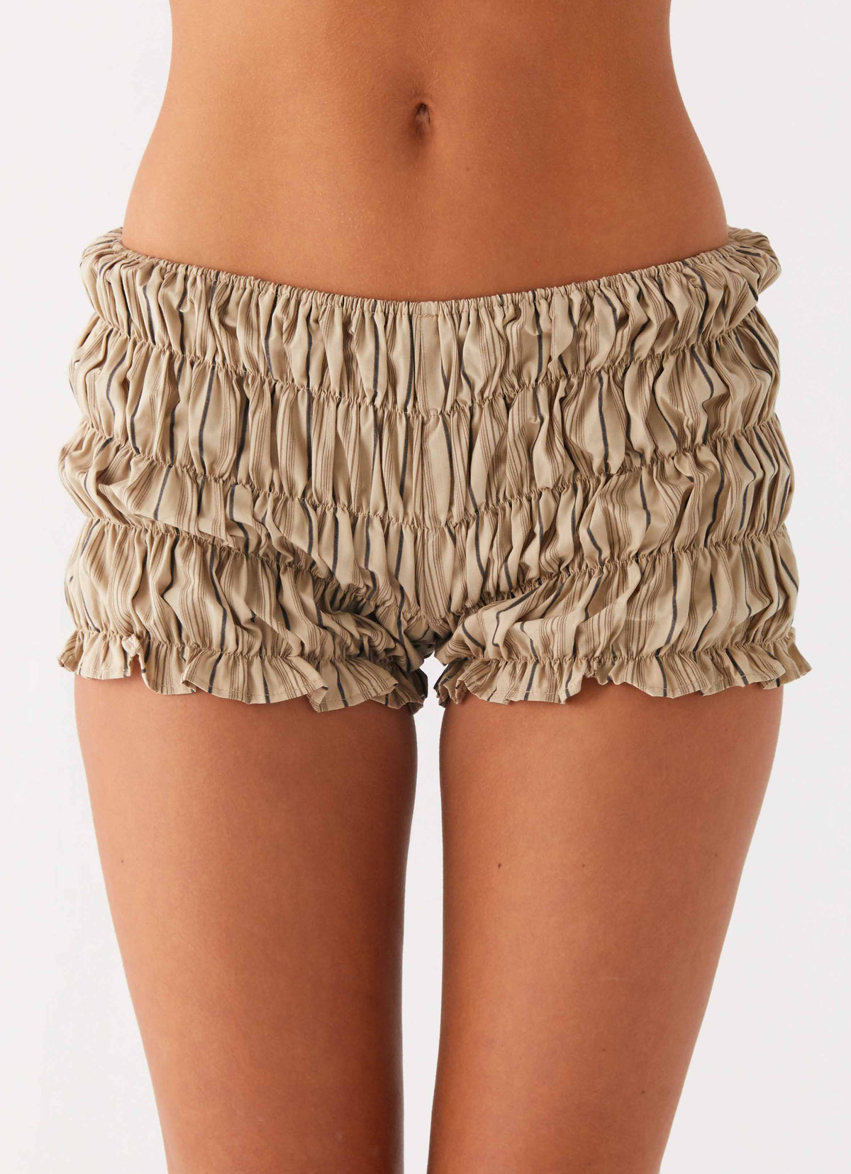 Girls Like Us Ruched Mini Shorts - Oatmeal Stripe