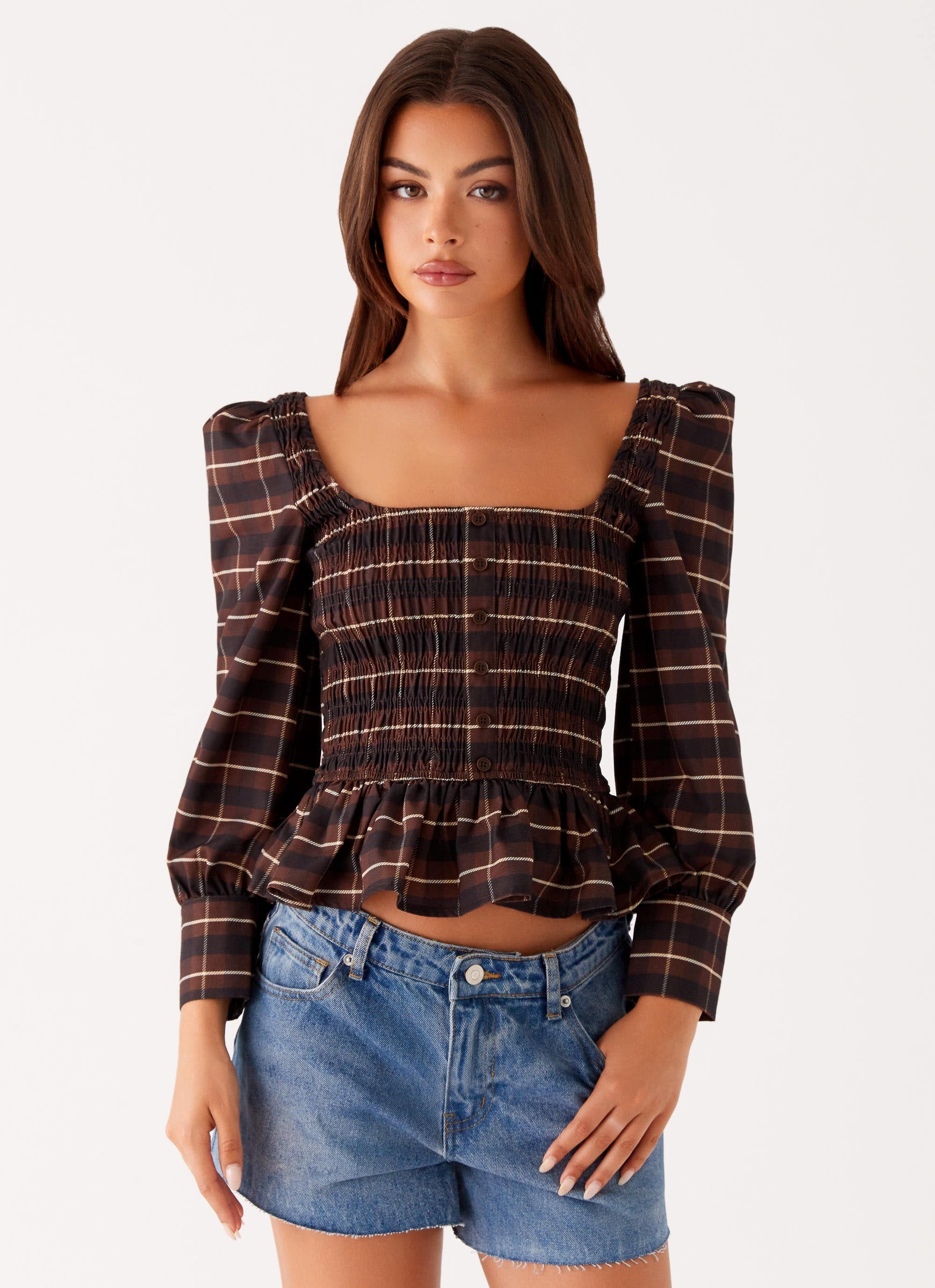 Joyce Long Sleeve Cotton Shirred Top - Chocolate Check