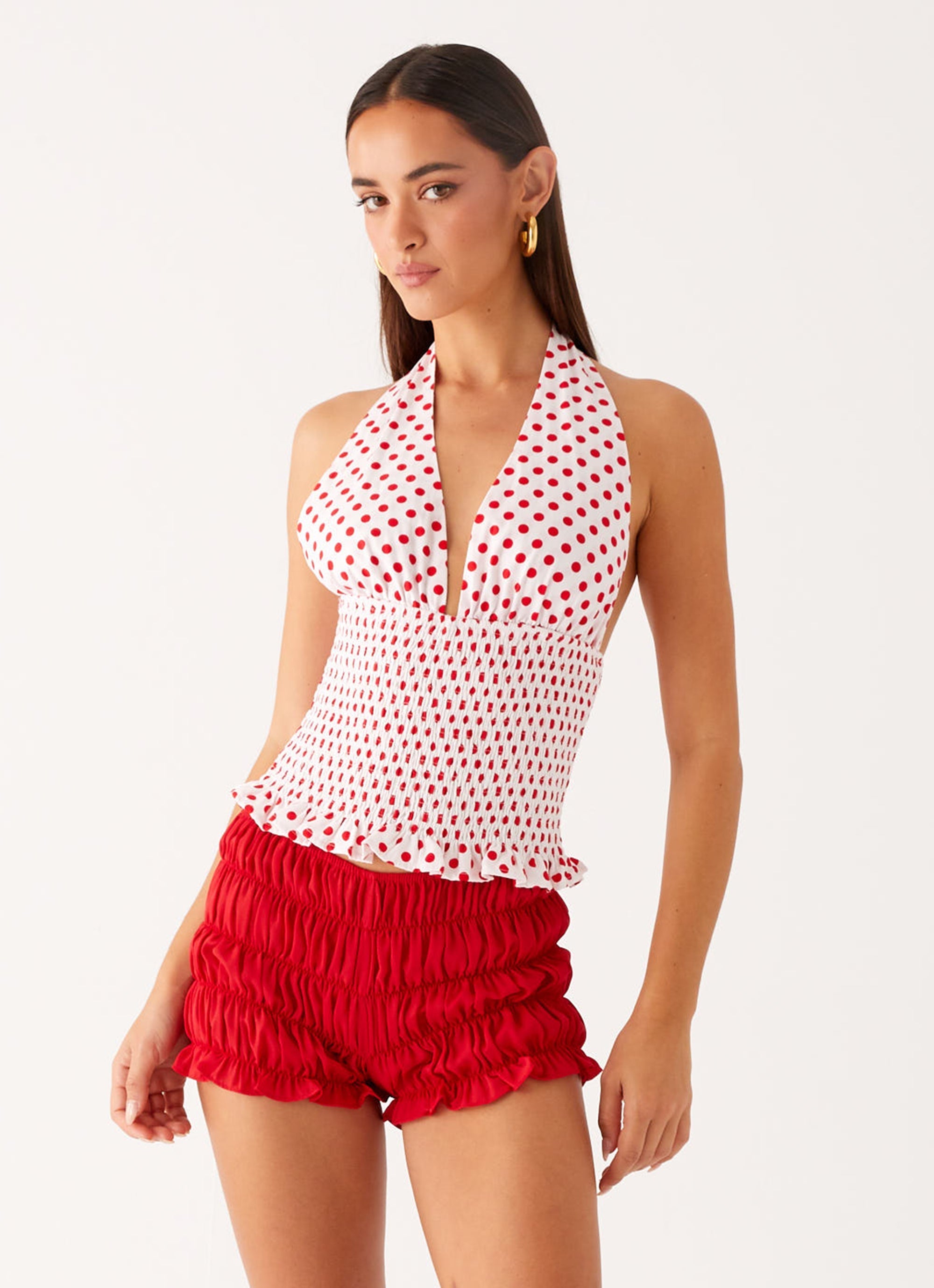 Kamren Halter Top - White Red Polka Dot