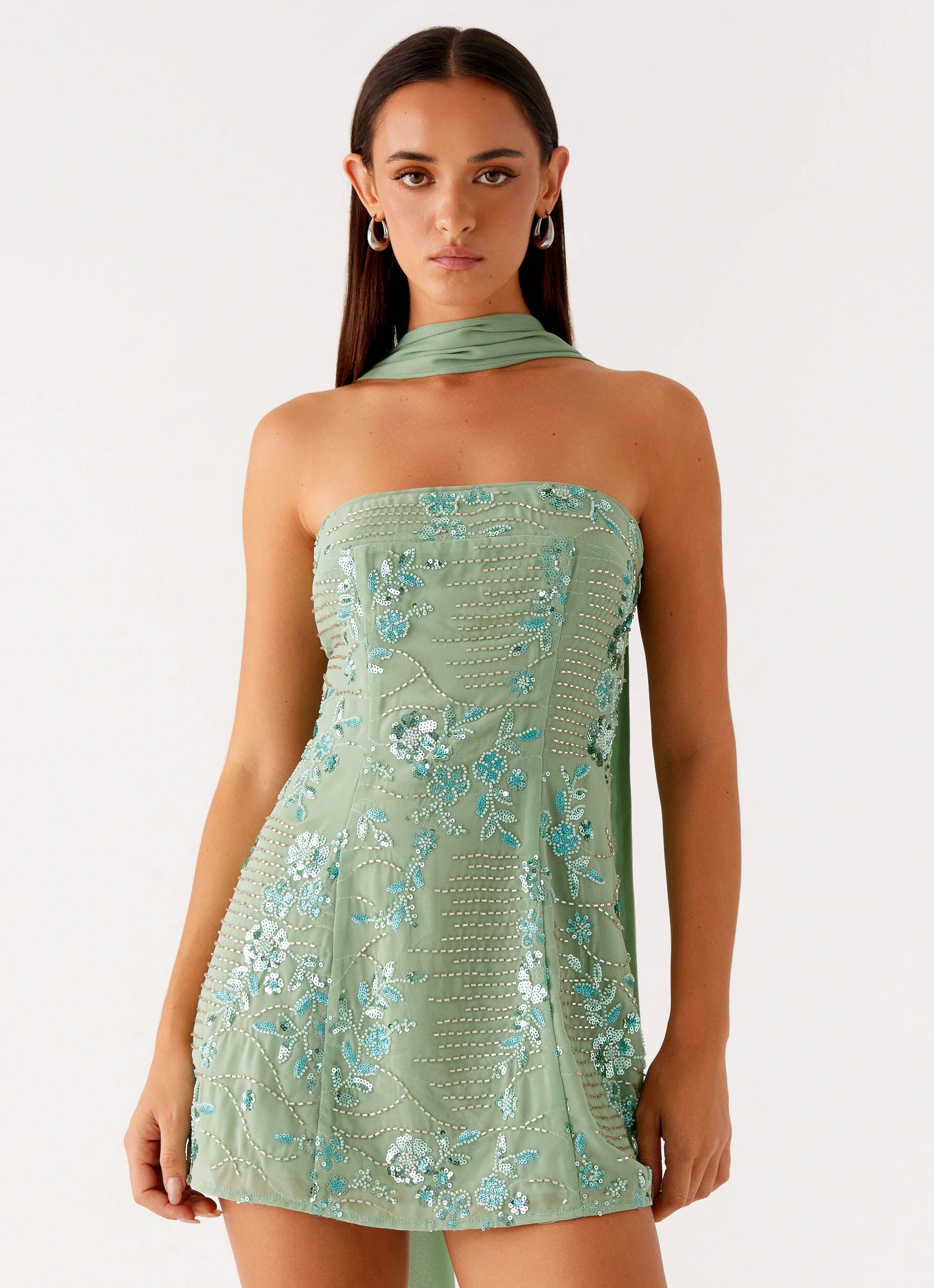 Kiesha Strapless Scarf Mini Dress - Mint