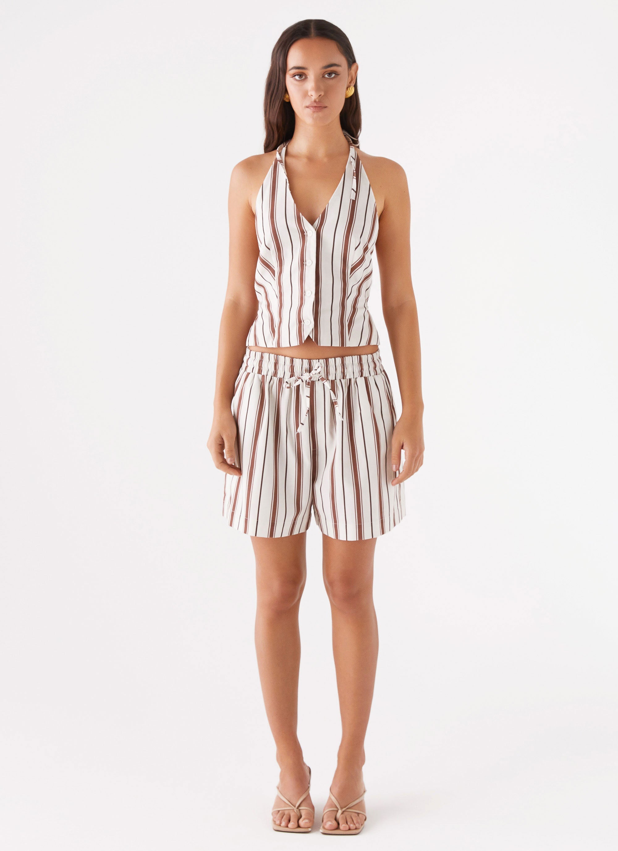 Kristen Linen Drawstring Shorts - Brown Stripe