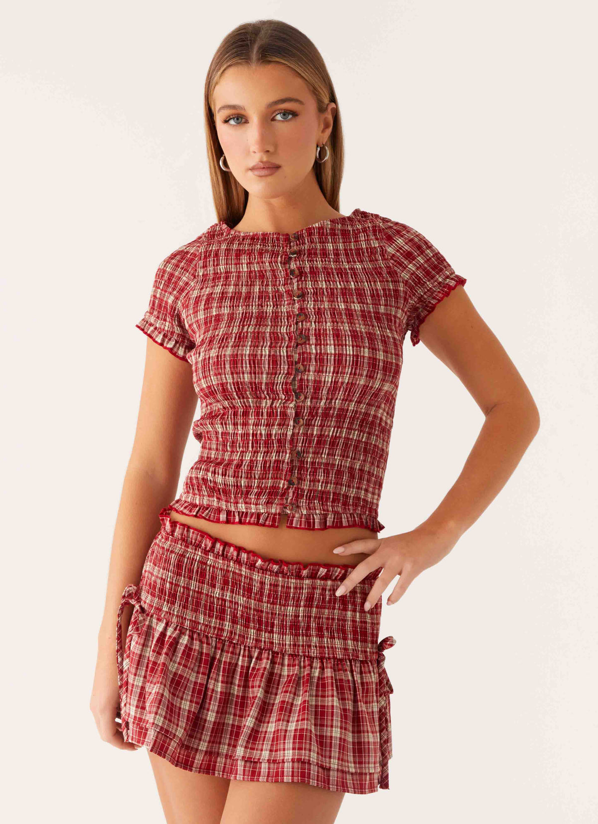 Lenore Button Top - Ruby Check