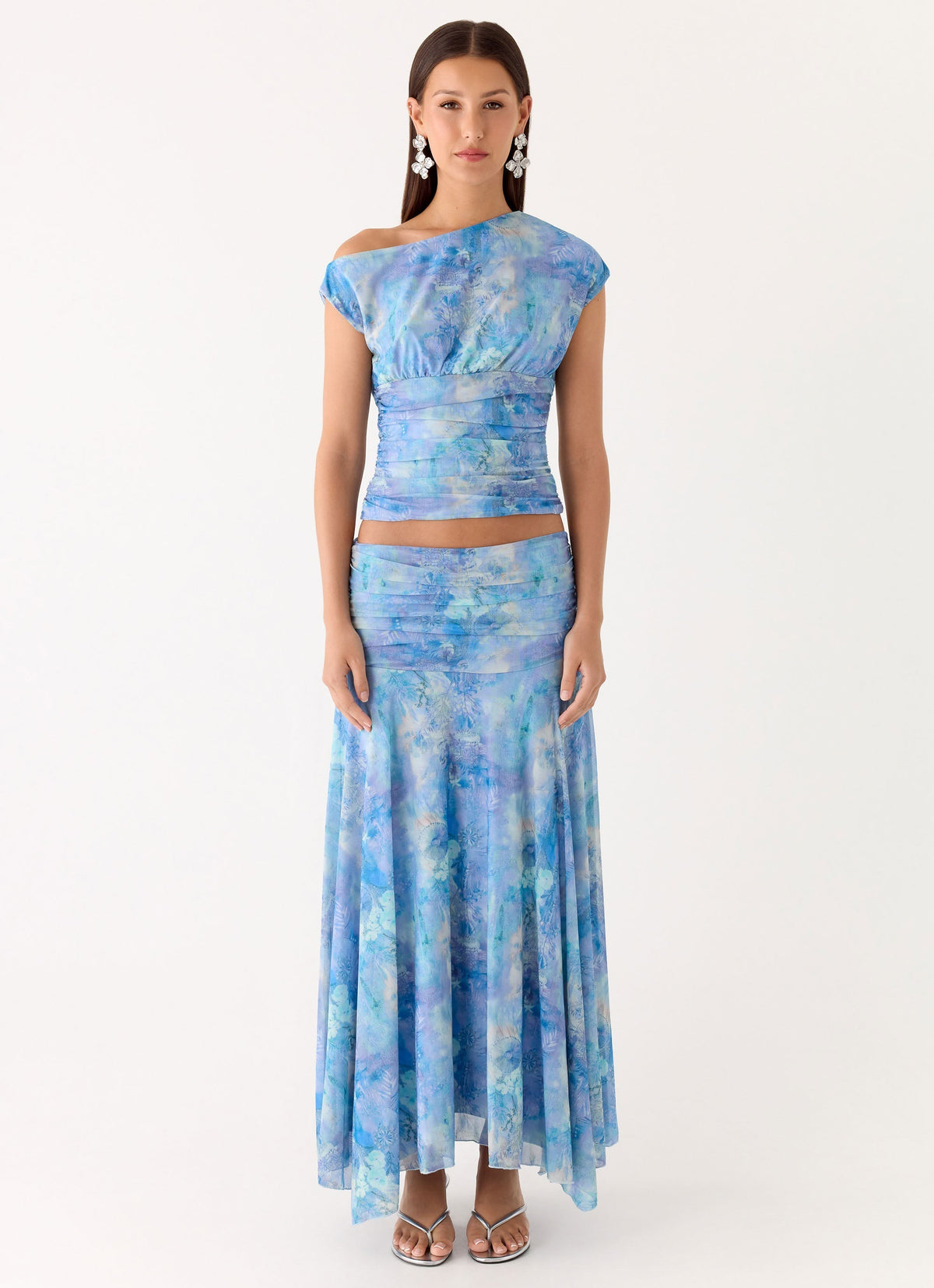 Liana Ruched Maxi Skirt - Aqua Paisley