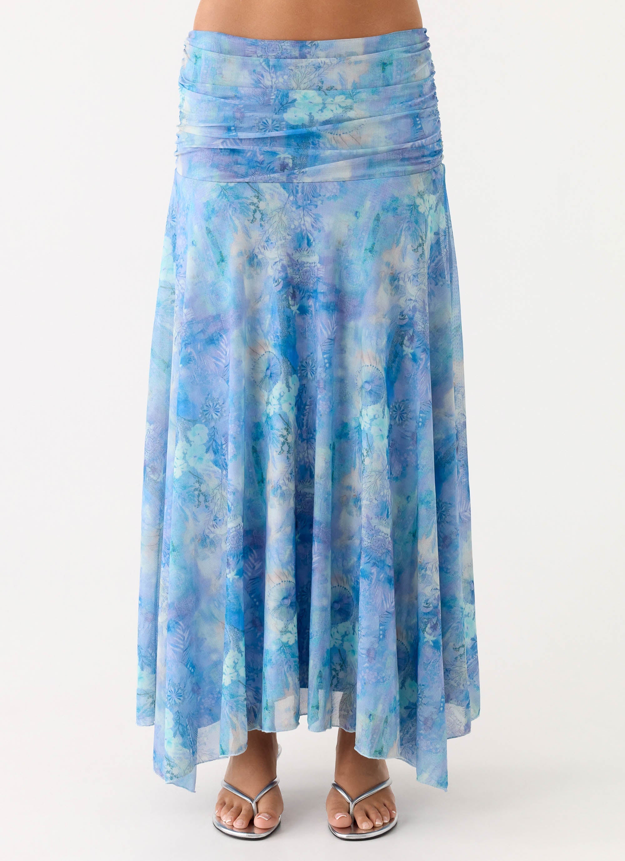 Liana Ruched Maxi Skirt - Aqua Paisley