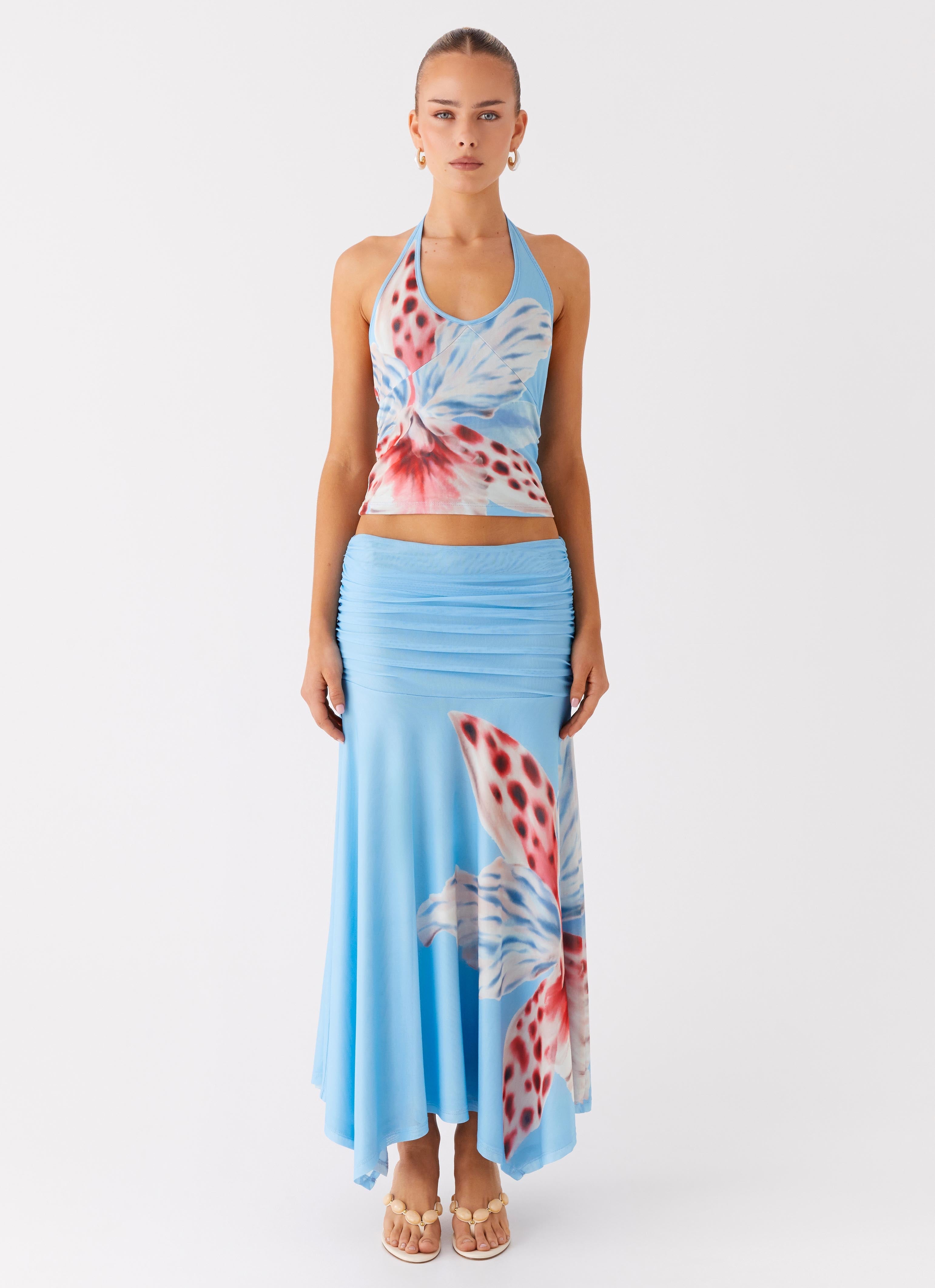 Liana Ruched Maxi Skirt - Deep Sea Bloom