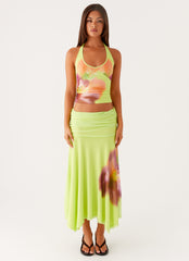Liana Ruched Maxi Skirt - Green Tropical