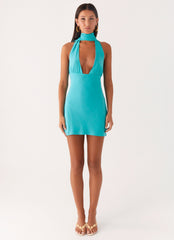 Melisande Scarf Neck Mini Dress - Aqua Blue