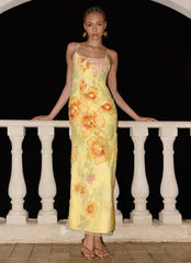 Morning Light Beaded Maxi Dress - Yellow Floral Beaded