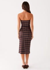 Niko Strapless Midi Dress - Brown Black Check