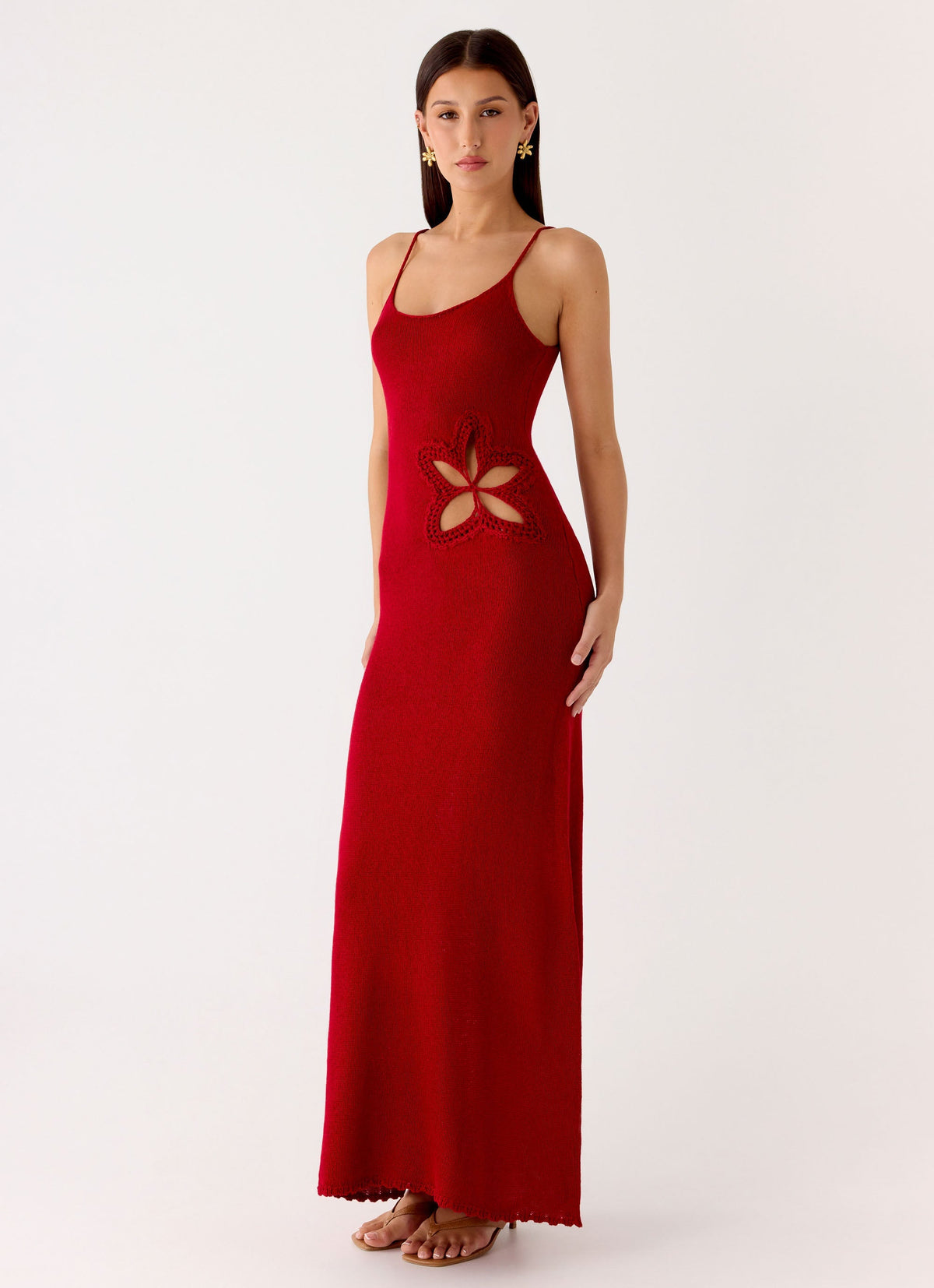 Palm Breeze Flower Crochet Maxi Dress - Burnt Red