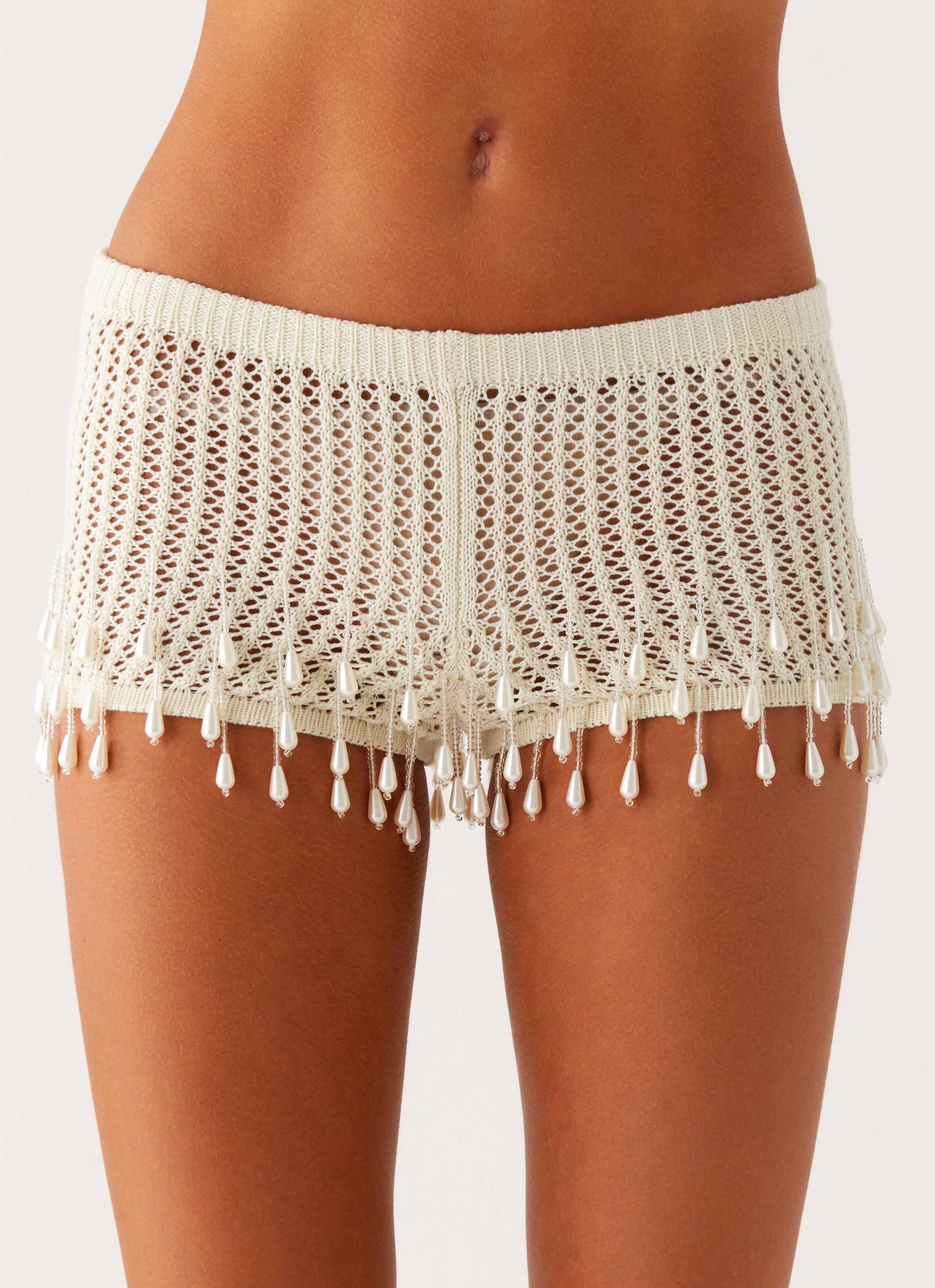 Pearl Shore Beaded Crochet Mini Shorts - Ivory
