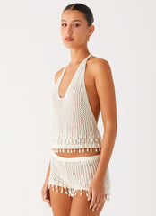 Pearl Shore Beaded Crochet Top - Ivory