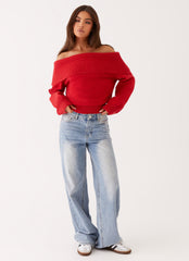 Bardot Knit Long Sleeve Top - Cherry