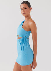 Memini One Shoulder Linen Mini Dress - Azure