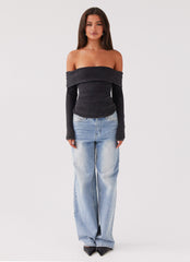 Hayley Long Sleeve Ribbed Top - Charcoal Acid Wash