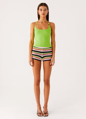 Rahnei Crochet Mini Shorts - Pink Green Black Stripe