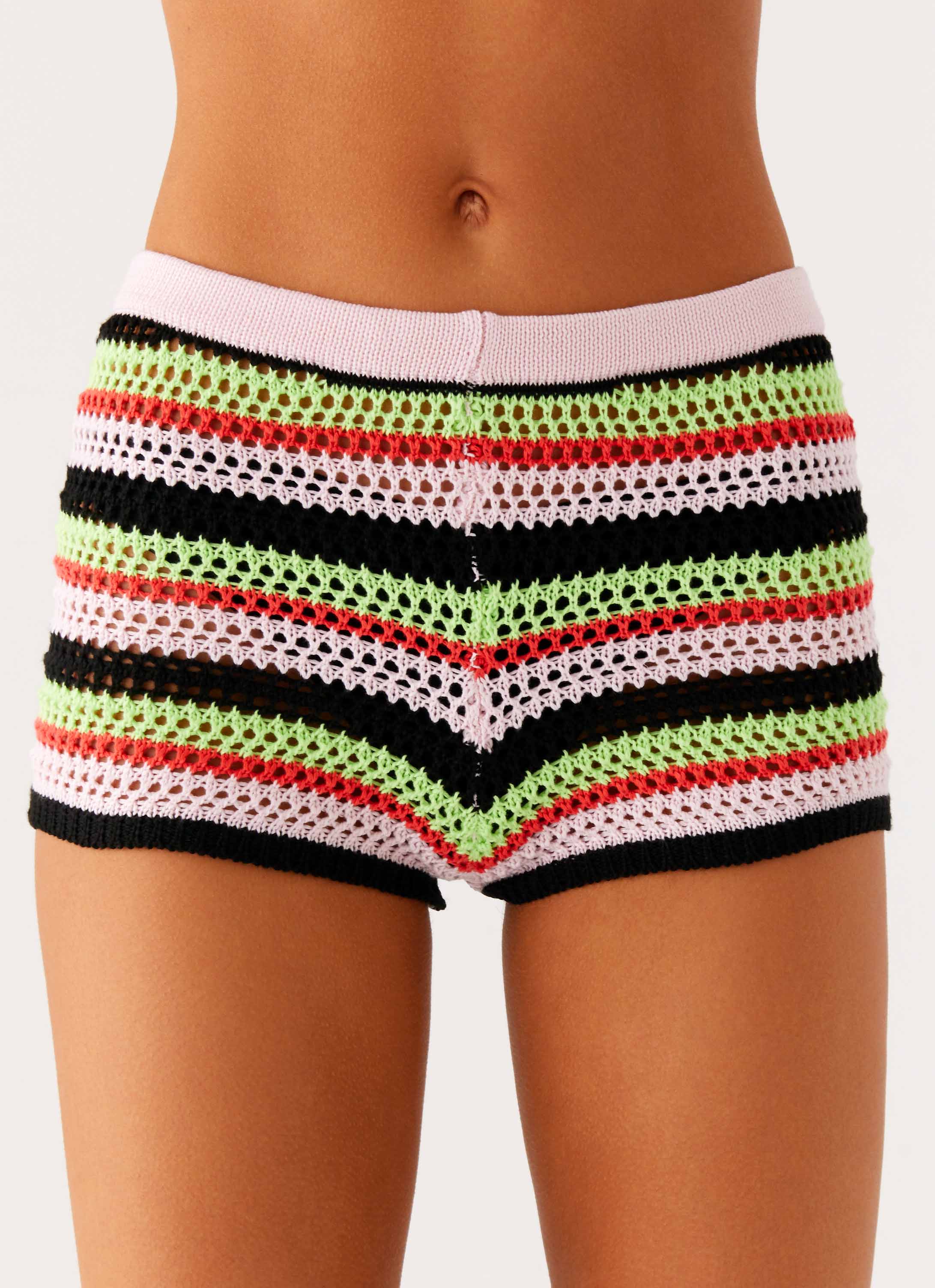 Rahnei Crochet Mini Shorts - Pink Green Black Stripe