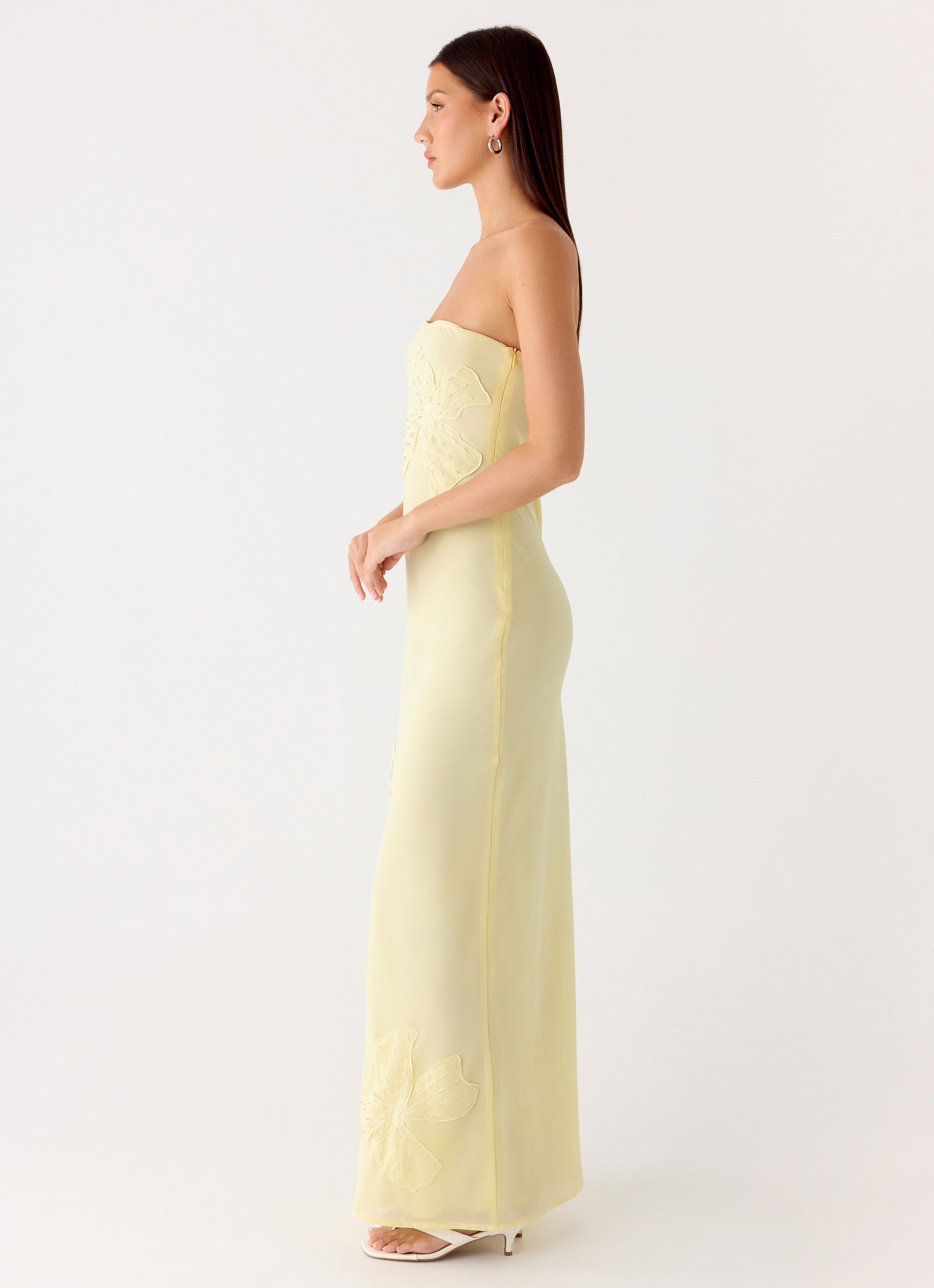 Sassafras Beaded Flower Strapless Maxi Dress - Yellow